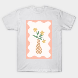 checkered warm beige and tan vase with yellow flowers with peach squiggle frame T-Shirt